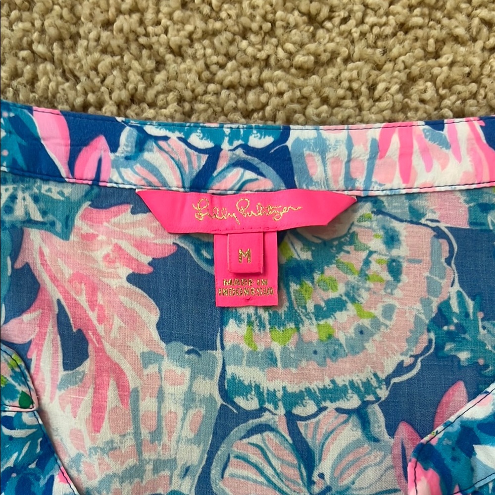 Lilly Pulitzer Pink and Blue Ruffled 3/4 Sleeve Blouse - Picture 2 of 3